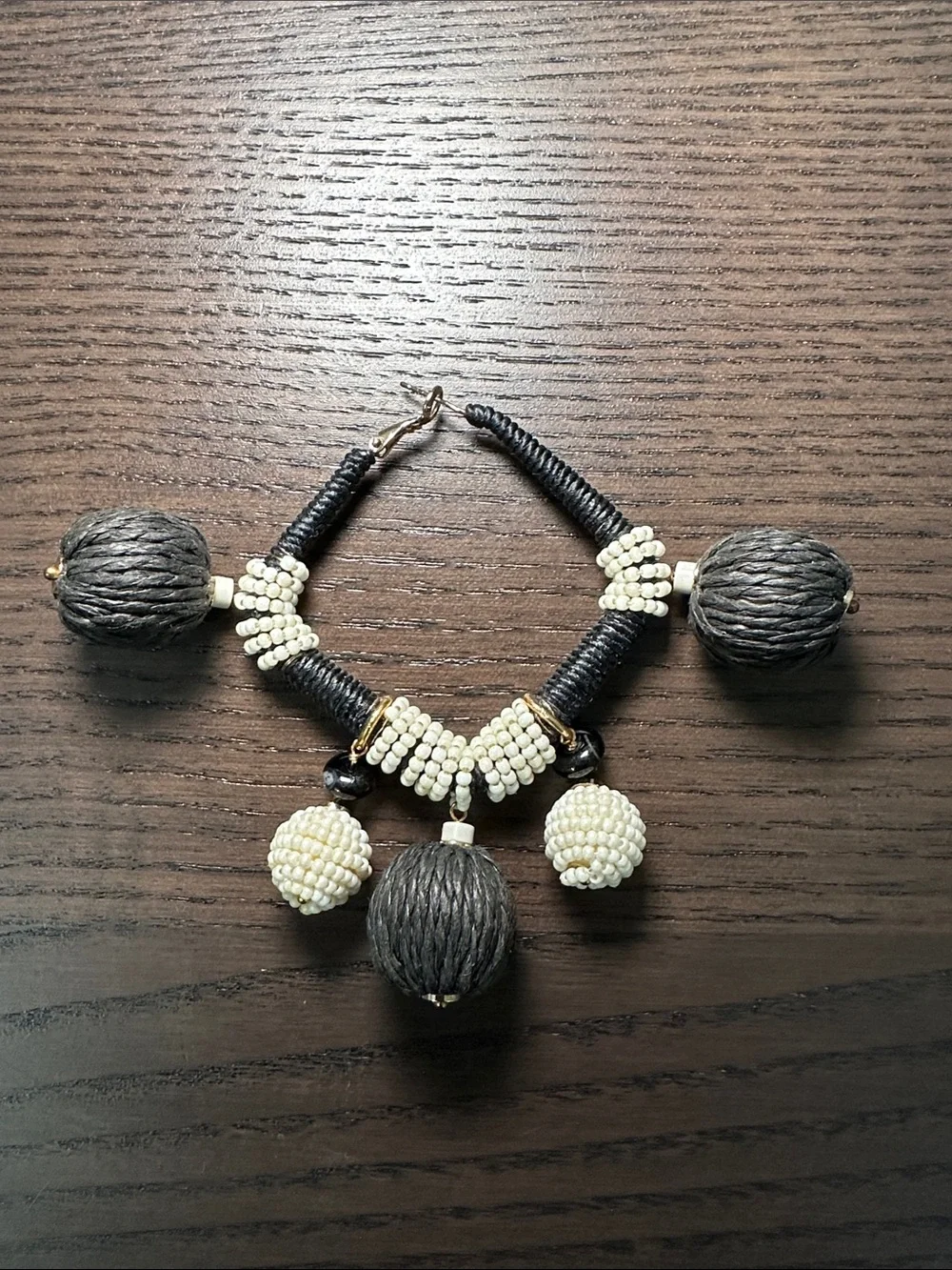 Handcrafted Black and Cream Bead Drop Statement Earrings - Picture 2 of 3